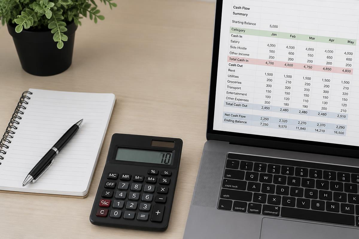 Caderno, calculadora e uma planilha simples de fluxo de caixa sobre a mesa