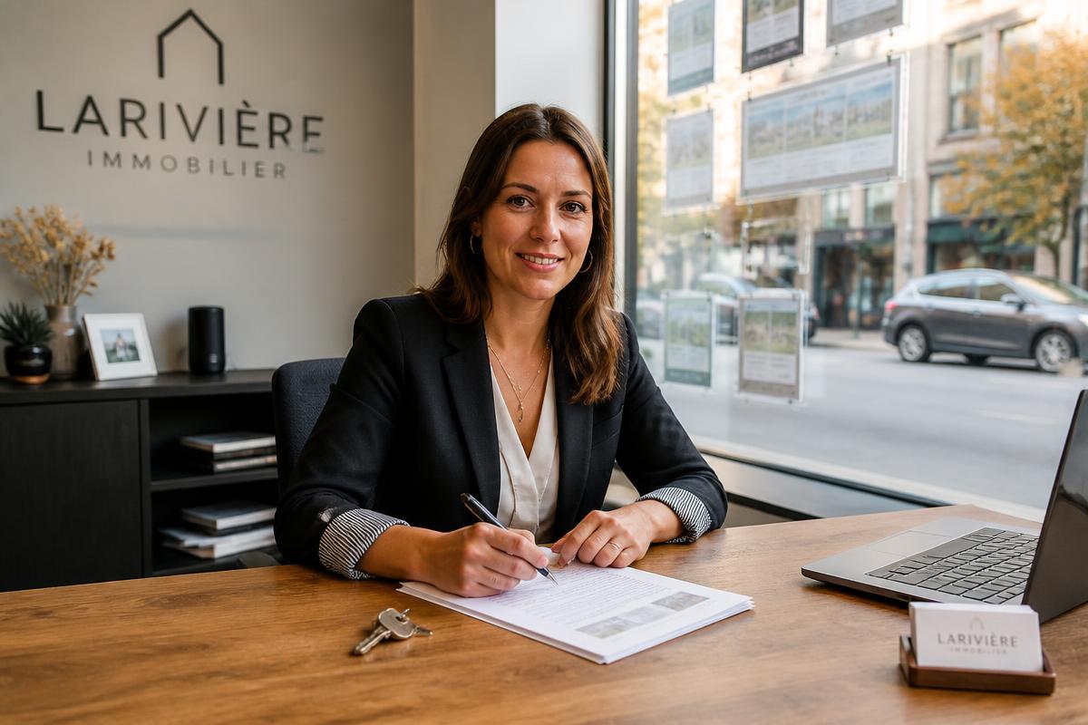 Corretora organizando contratos e documentos em uma pequena imobiliária